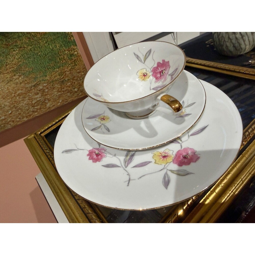 Vintage 1950s Bareuther Bavaria Porcelain Tea Trio Set - Mid-Century Floral Pink
